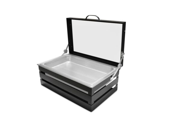 Black Full Size Metal Crate Chafer Stand with Self-Closing Lid